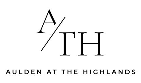 A black and white image of a logo with the words "Auldren at the Highlands".